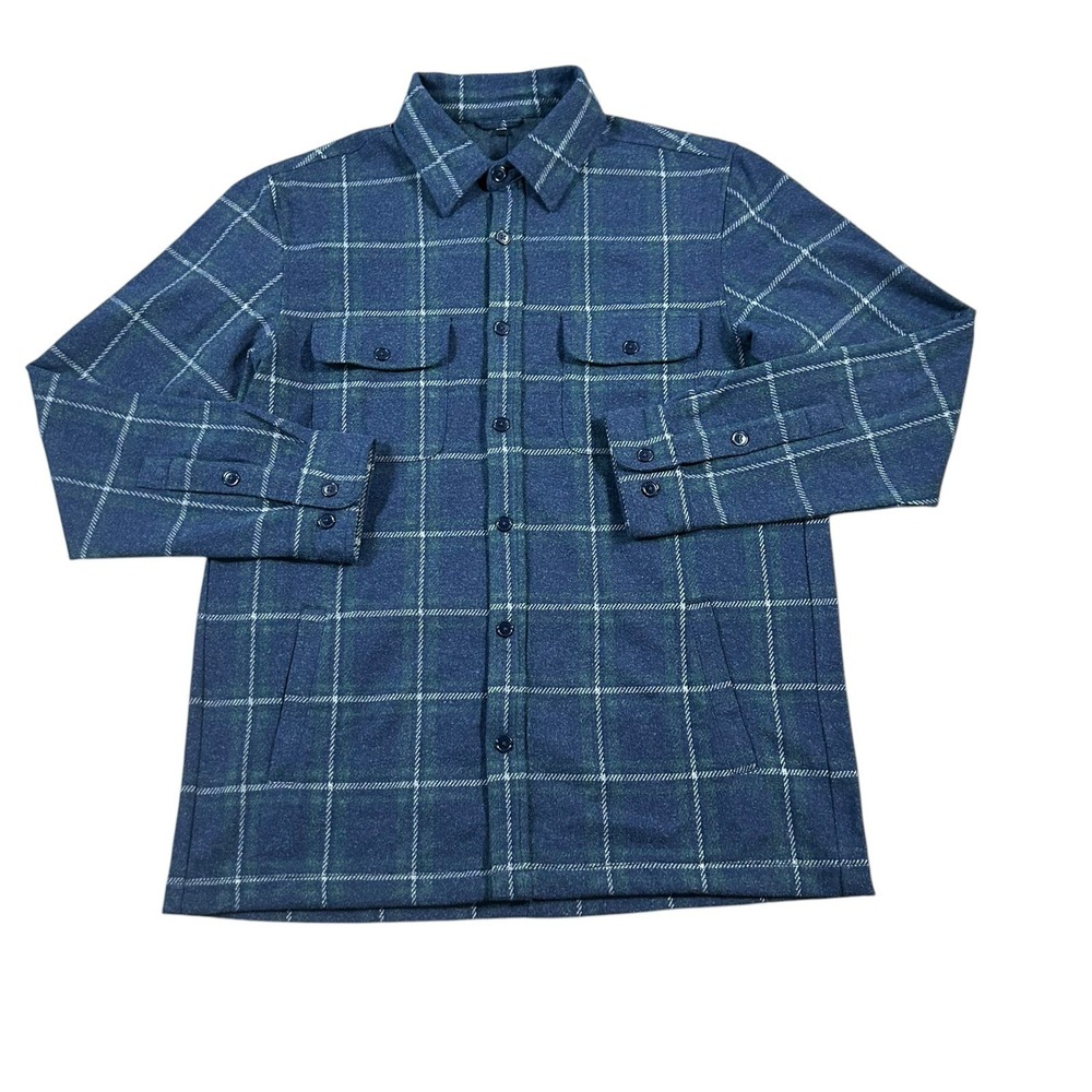 BONOBOS Flannel Sweater Jacket Blue Green Plaid Pockets Size L Shacket NWOT‎